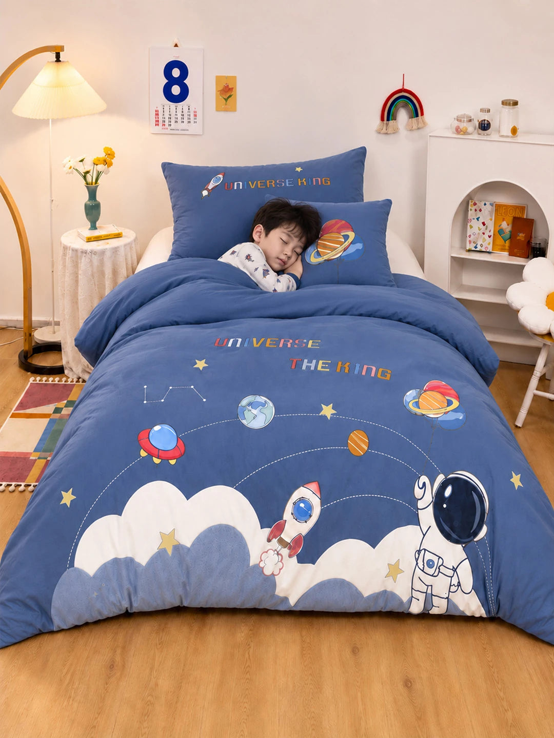 4 pcs Space theme, Luxe Embroidered collection of Single bed comforter, 1 flat bedsheet, 2 pillow covers entire Bedding Set for Single Size Bed.