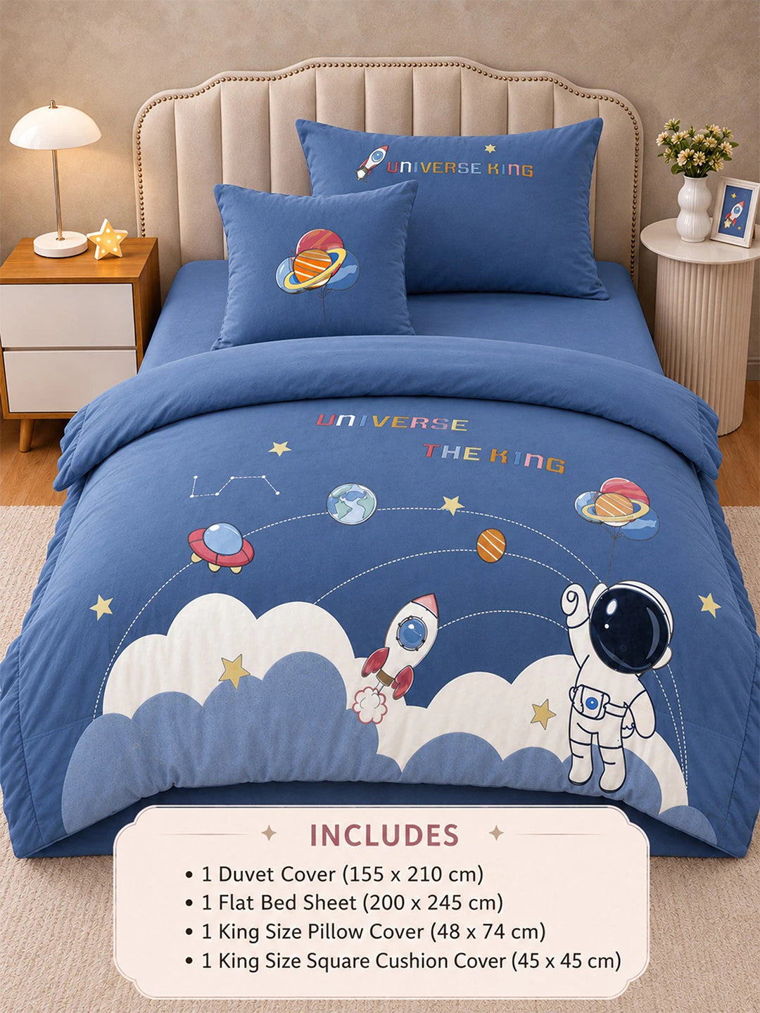 4 pcs Space theme, Luxe Embroidered collection of Single bed comforter, 1 flat bedsheet, 2 pillow covers entire Bedding Set for Single Size Bed.