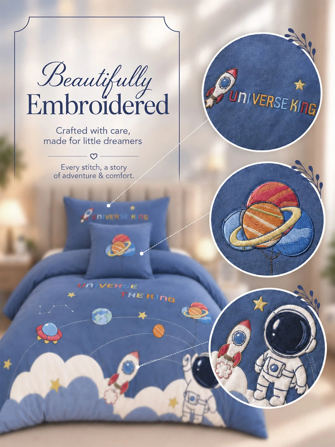 4 pcs Space theme, Luxe Embroidered collection of Single bed comforter, 1 flat bedsheet, 2 pillow covers entire Bedding Set for Single Size Bed.