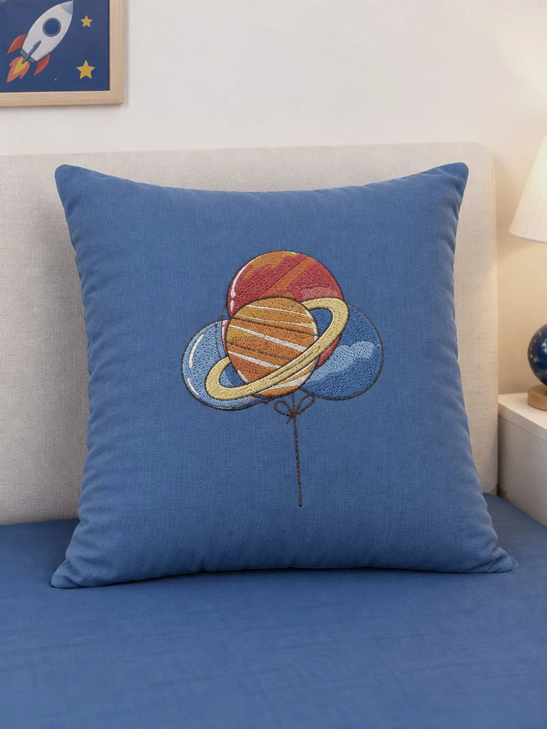 4 pcs Space theme, Luxe Embroidered collection of Single bed comforter, 1 flat bedsheet, 2 pillow covers entire Bedding Set for Single Size Bed.