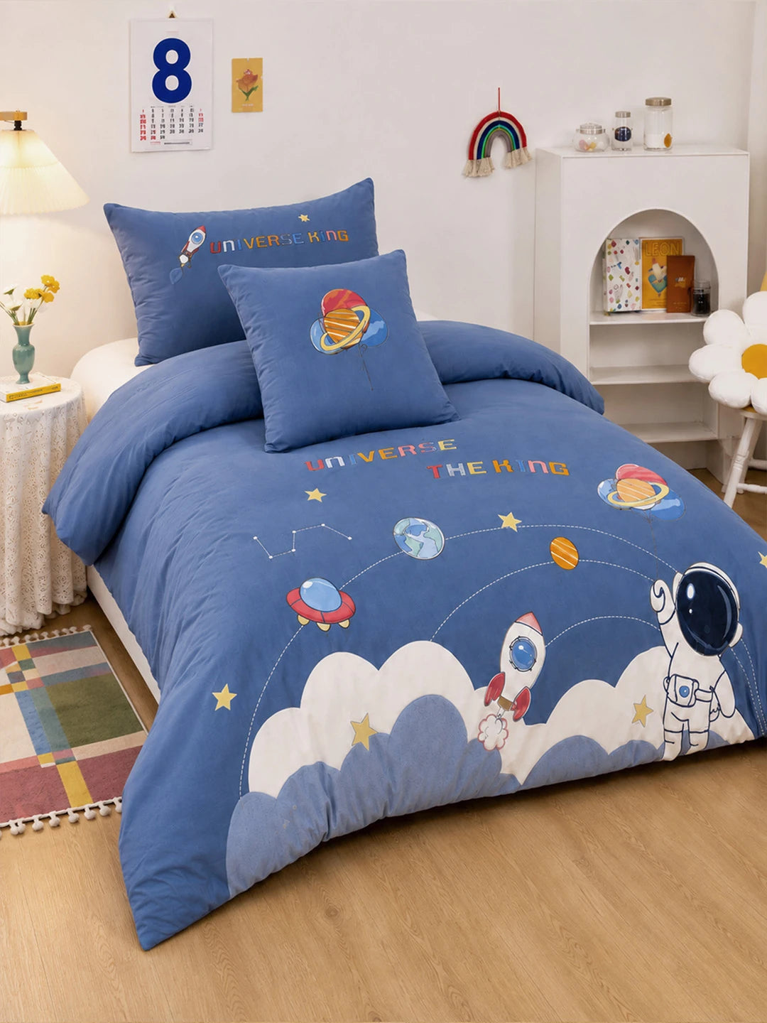 4 pcs Space theme, Luxe Embroidered collection of Single bed comforter, 1 flat bedsheet, 2 pillow covers entire Bedding Set for Single Size Bed.