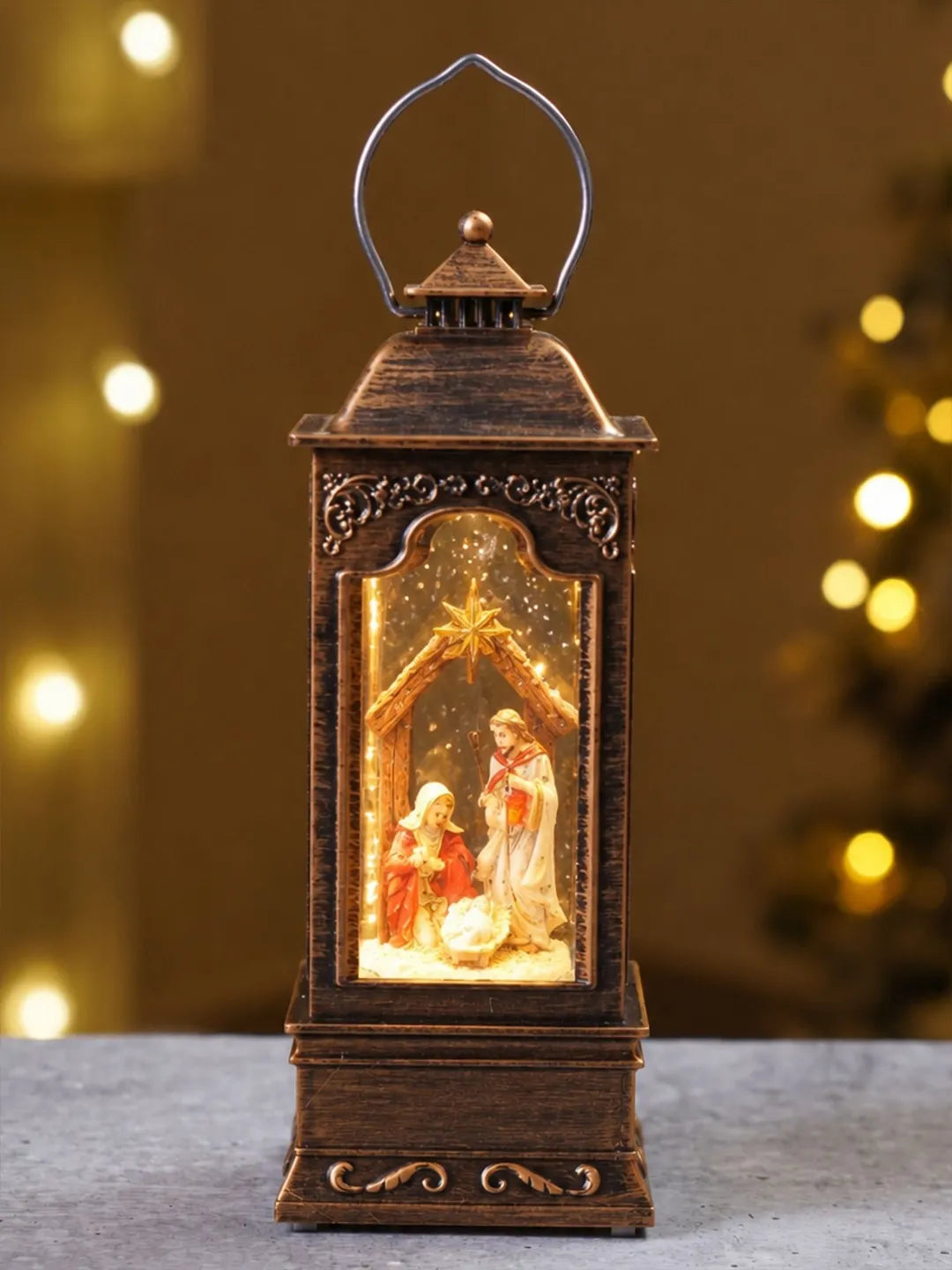 Star Holy Family Antique Lantern with Musical Glitter Water and Lights, Christmas Home Décor