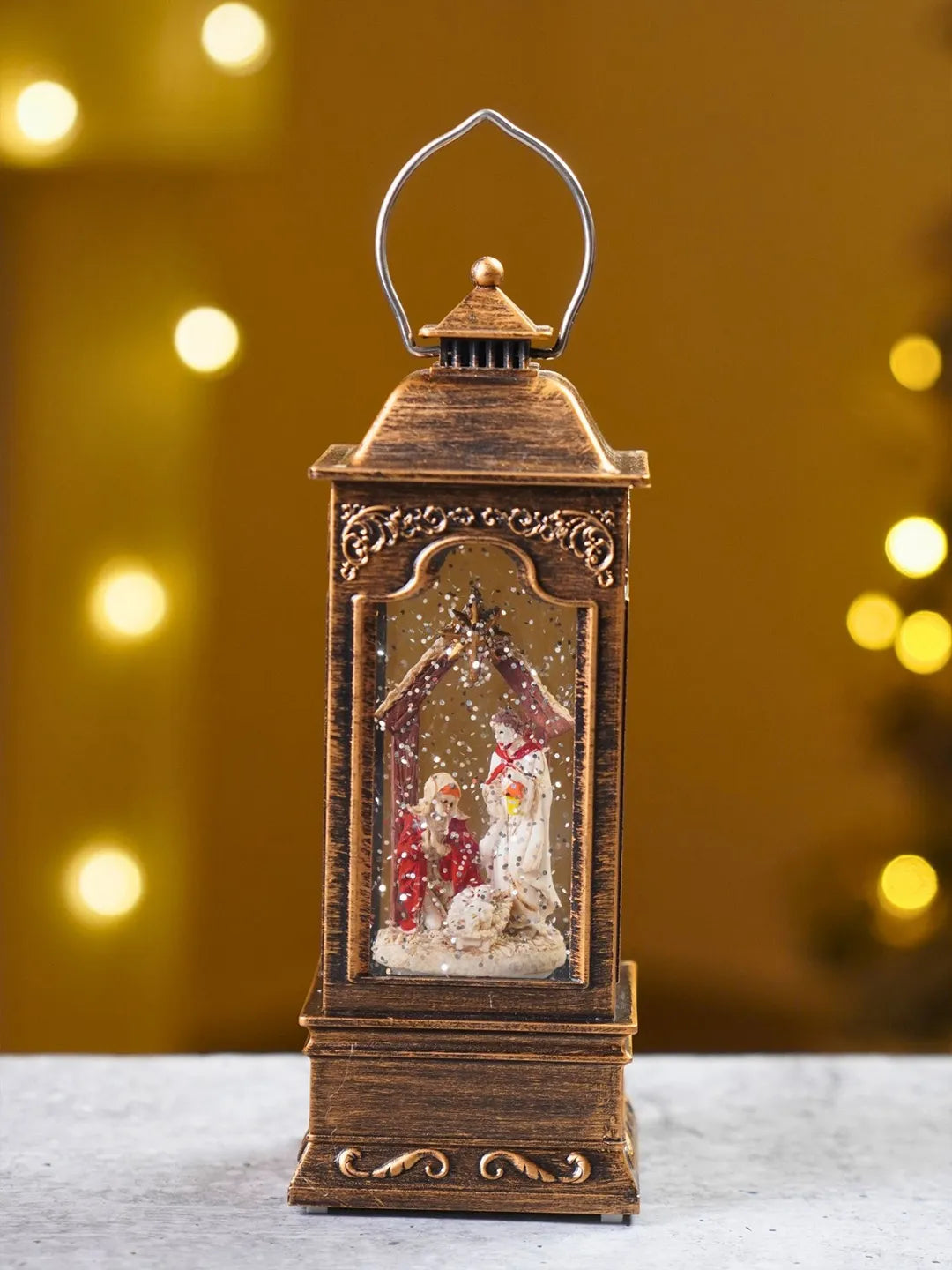 Star Holy Family Antique Lantern with Musical Glitter Water and Lights, Christmas Home Décor