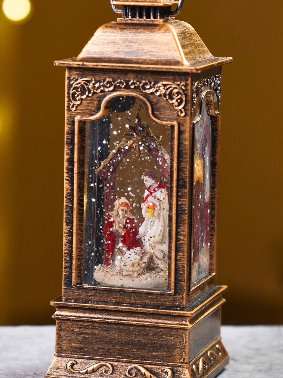Star Holy Family Antique Lantern with Musical Glitter Water and Lights, Christmas Home Décor