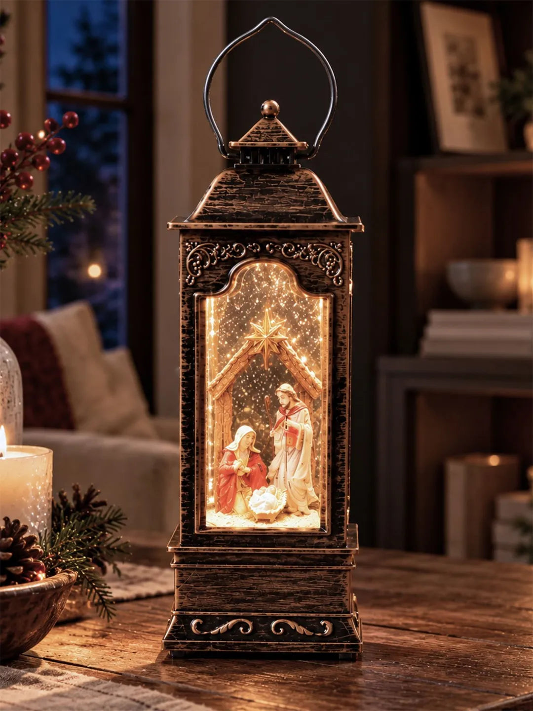 Star Holy Family Antique Lantern with Musical Glitter Water and Lights, Christmas Home Décor