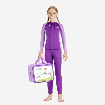 Dive 2-Piece set Purple & Pink Side Panel, Front-Zip Jacket with Full Length Pants, 2.5mm Neoprene Kids Swimsuit with Free Washbag
