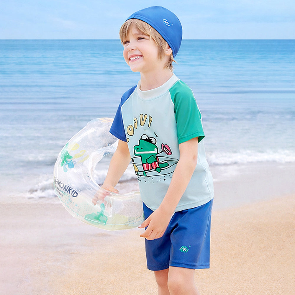 2 Pcs T-Shirt & Shorts Blue “Groovy” Cartoon Print UPF 50+ Kids Swimwear with Matching Swim Cap With Free Wash Bag