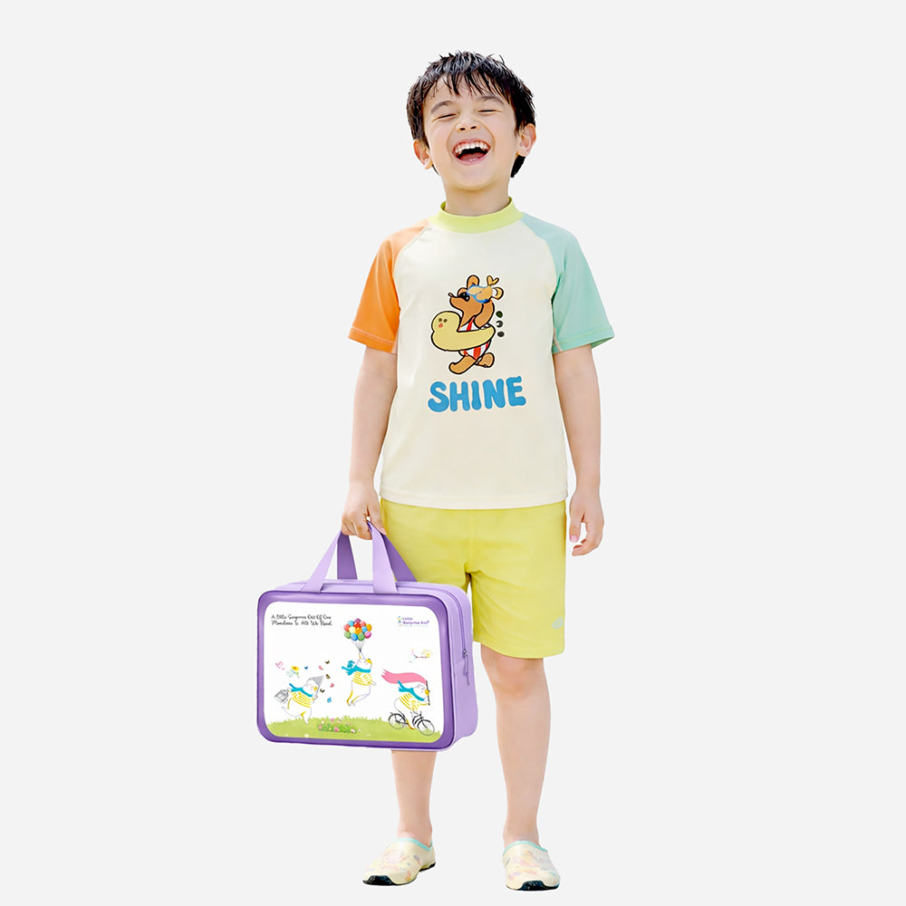 2 Pcs T-Shirt & Shorts Set Ivory, Teal & Yellow "Shine" Cartoon Print UPF 50+ Kids Swimwear with Matching Swim Cap With Free Wash Bag