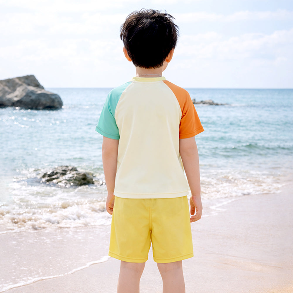 2 Pcs T-Shirt & Shorts Set Ivory, Teal & Yellow "Shine" Cartoon Print UPF 50+ Kids Swimwear with Matching Swim Cap With Free Wash Bag