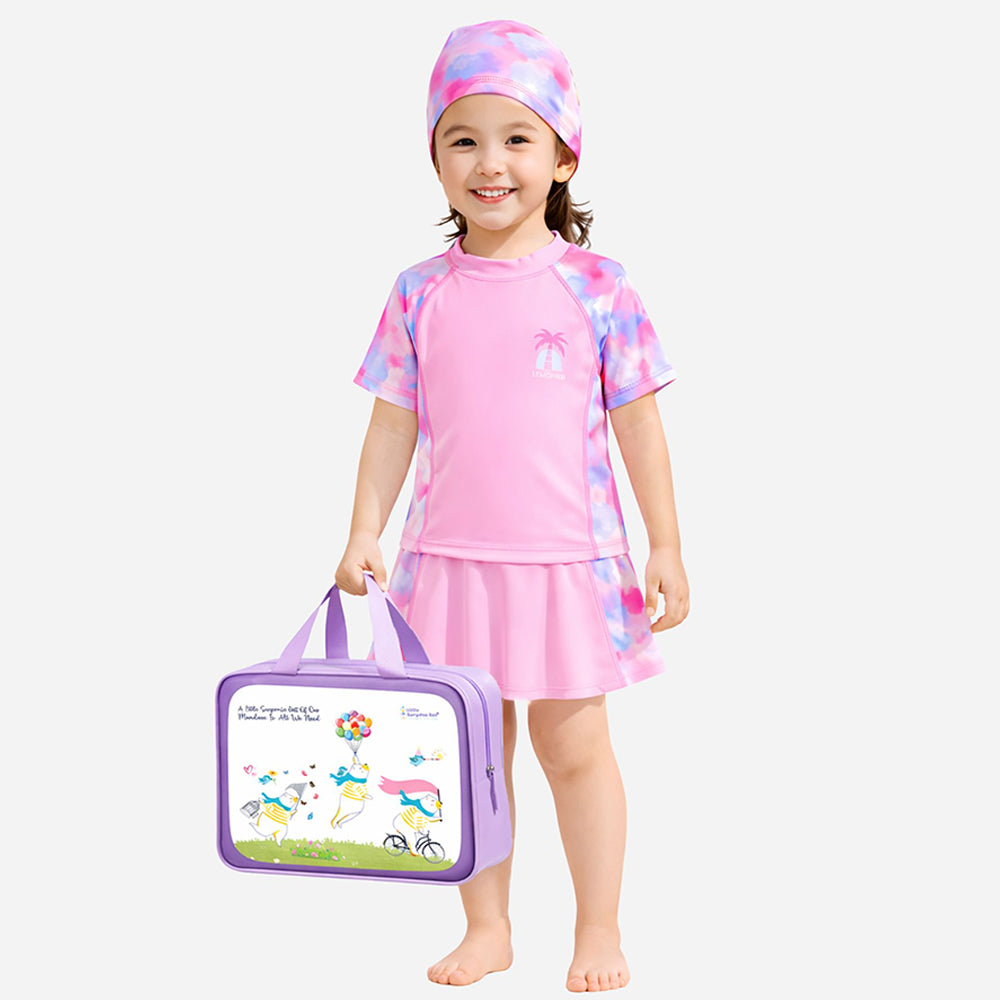 2 Pcs Top & Skort Set Peach Pink Tie-Dye Side Panel UPF 50+ Swimwear with Matching Swim Cap for Girls With Free Wash Bag