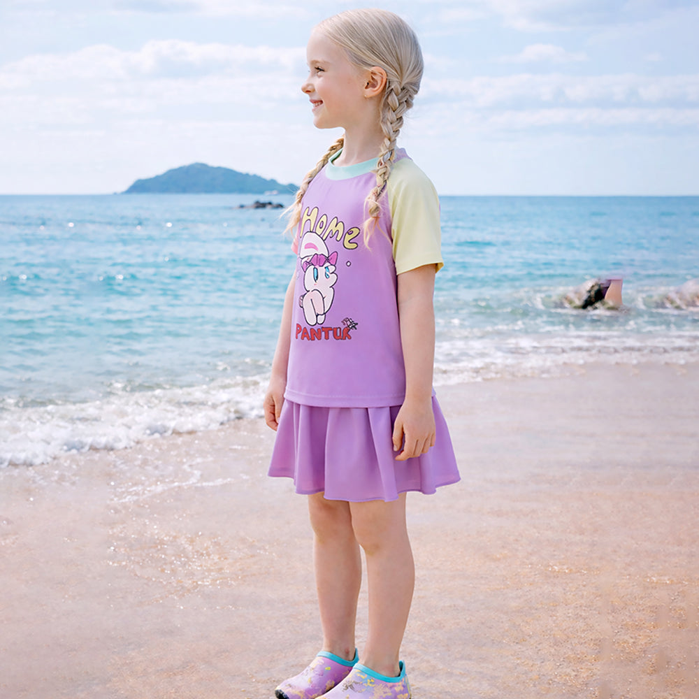 2 Pcs Top & Skort Set Purple "Home Painter" Rabbit Print UPF 50+ Swimwear with Matching Swim Cap for Girls With Free Wash Bag