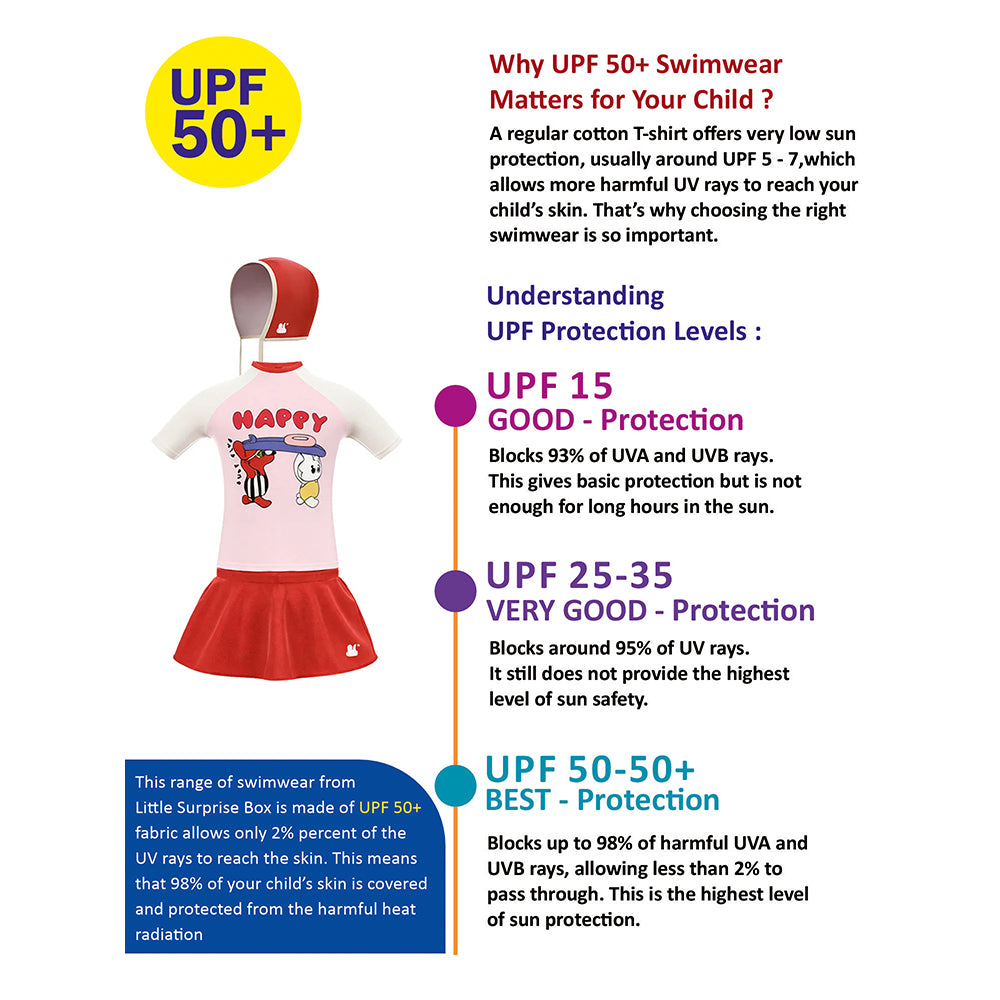 2 Pcs Top & Skort Set Red & Pink "Happy Surf Club" Cartoon Print UPF 50+ Swimwear with Matching Swim Cap for Girls With Free Wash Bag