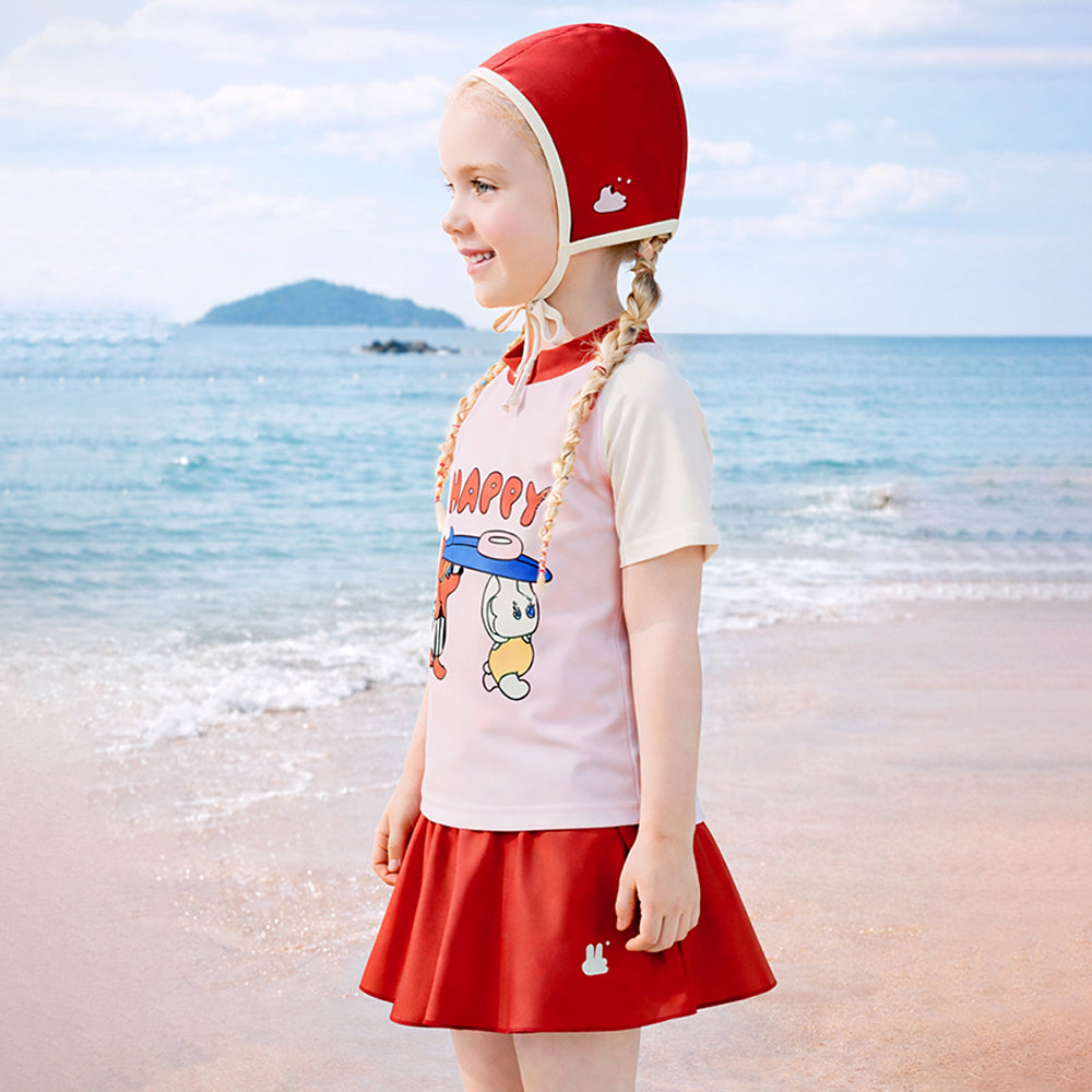 2 Pcs Top & Skort Set Red & Pink "Happy Surf Club" Cartoon Print UPF 50+ Swimwear with Matching Swim Cap for Girls With Free Wash Bag