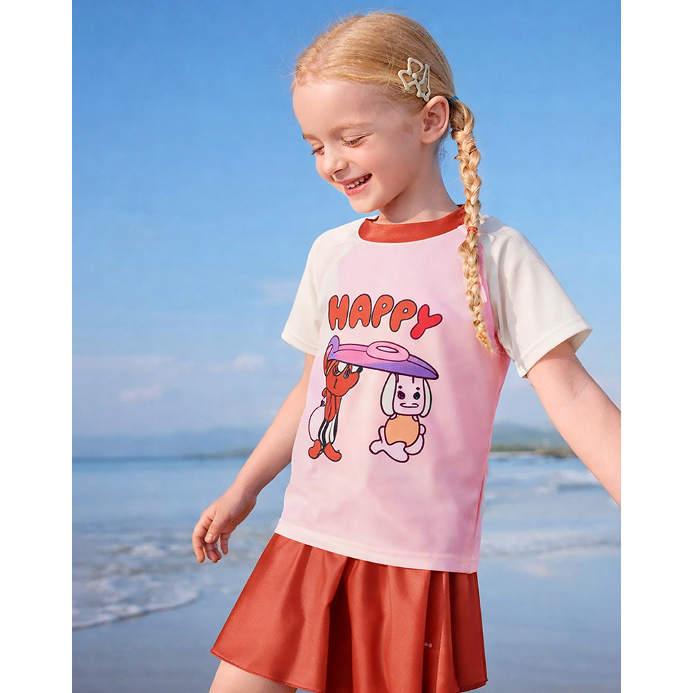 2 Pcs Top & Skort Set Red & Pink "Happy Surf Club" Cartoon Print UPF 50+ Swimwear with Matching Swim Cap for Girls With Free Wash Bag