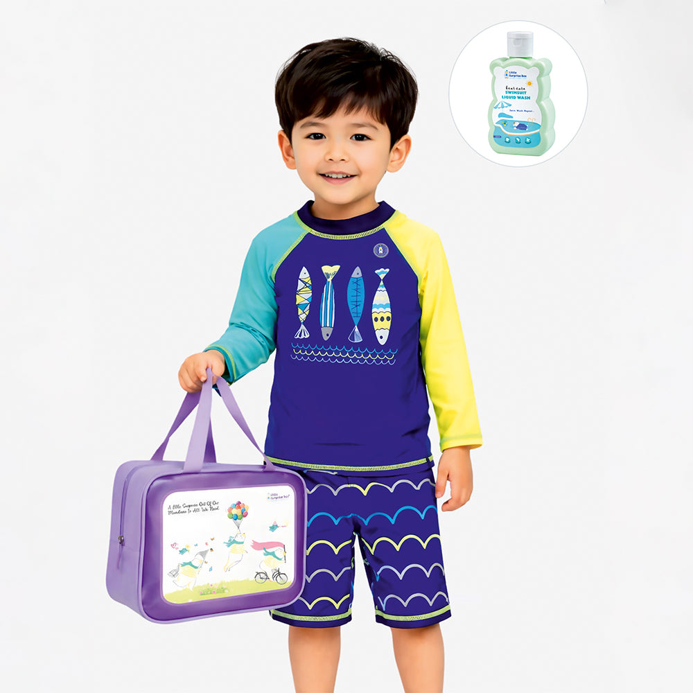 2 Pcs 4 Fishes Blue & Yellow T-shirt & Shorts Set, Toddlers & Kids Swimwear with Free Wash Bag & Free Swim Detergent