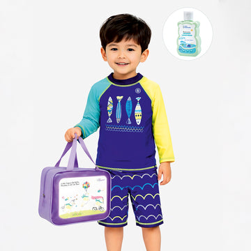 2 Pcs 4 Fishes Blue & Yellow T-shirt & Shorts Set, Toddlers & Kids Swimwear with Free Wash Bag & Free Swim Detergent