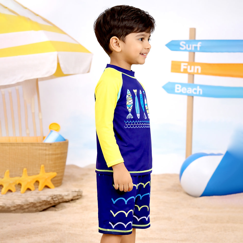 2 Pcs 4 Fishes Blue & Yellow T-shirt & Shorts Set, Toddlers & Kids Swimwear with Free Wash Bag & Free Swim Detergent