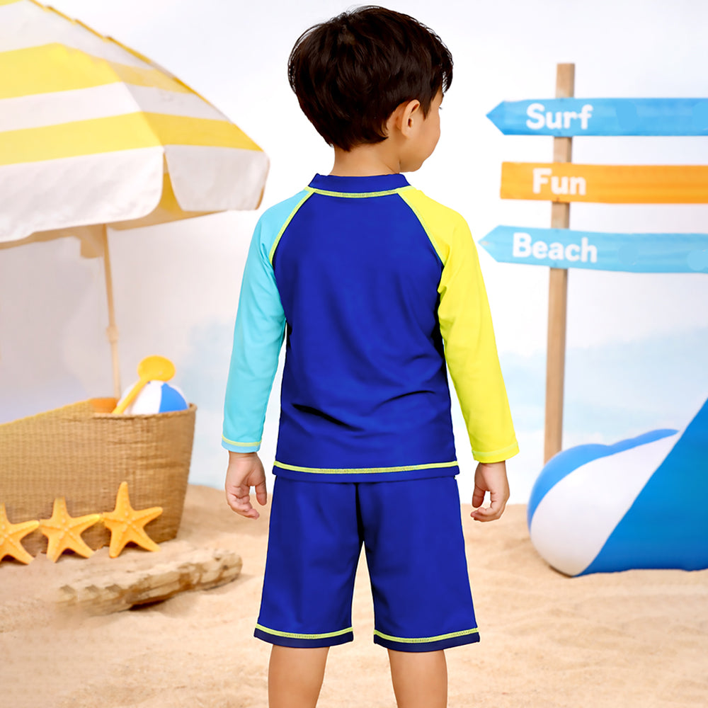 2 Pcs 4 Fishes Blue & Yellow T-shirt & Shorts Set, Toddlers & Kids Swimwear with Free Wash Bag & Free Swim Detergent