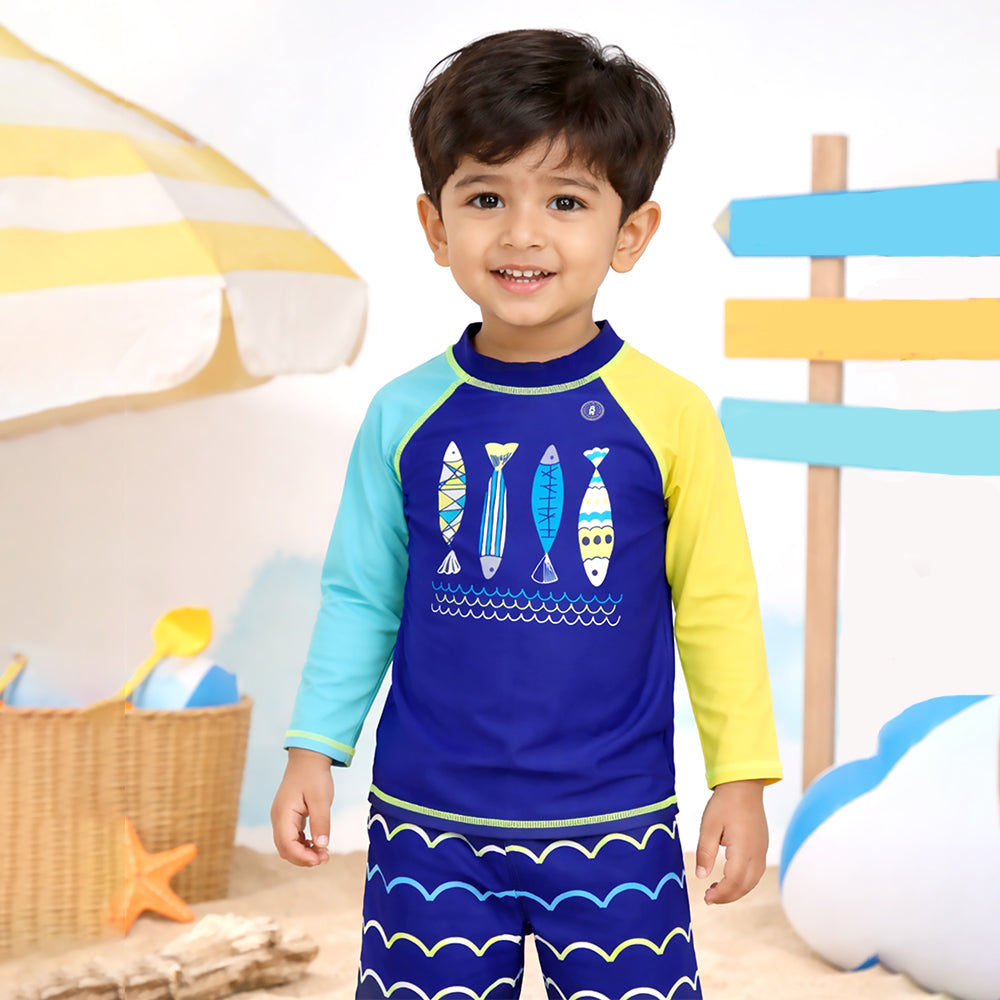 2 Pcs 4 Fishes Blue & Yellow T-shirt & Shorts Set, Toddlers & Kids Swimwear with Free Wash Bag & Free Swim Detergent