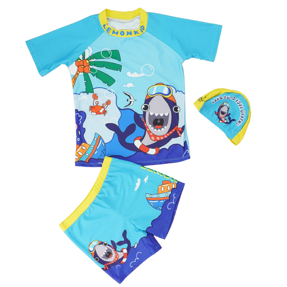 2pcs Blue Bandana Whale,Kids UPF 50+ Swimwear with matching Swim Cap