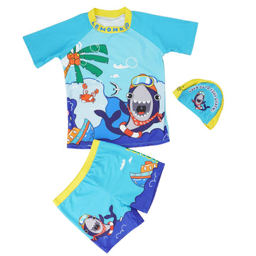 2pcs Blue Bandana Whale,Kids UPF 50+ Swimwear with matching Swim Cap