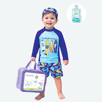 2 Pcs Blue Surf, T-shirt & Shorts Set, Toddlers & Kids Swimwear with matching Swim Cap, plus Free Wash Bag & Free Swim Detergent