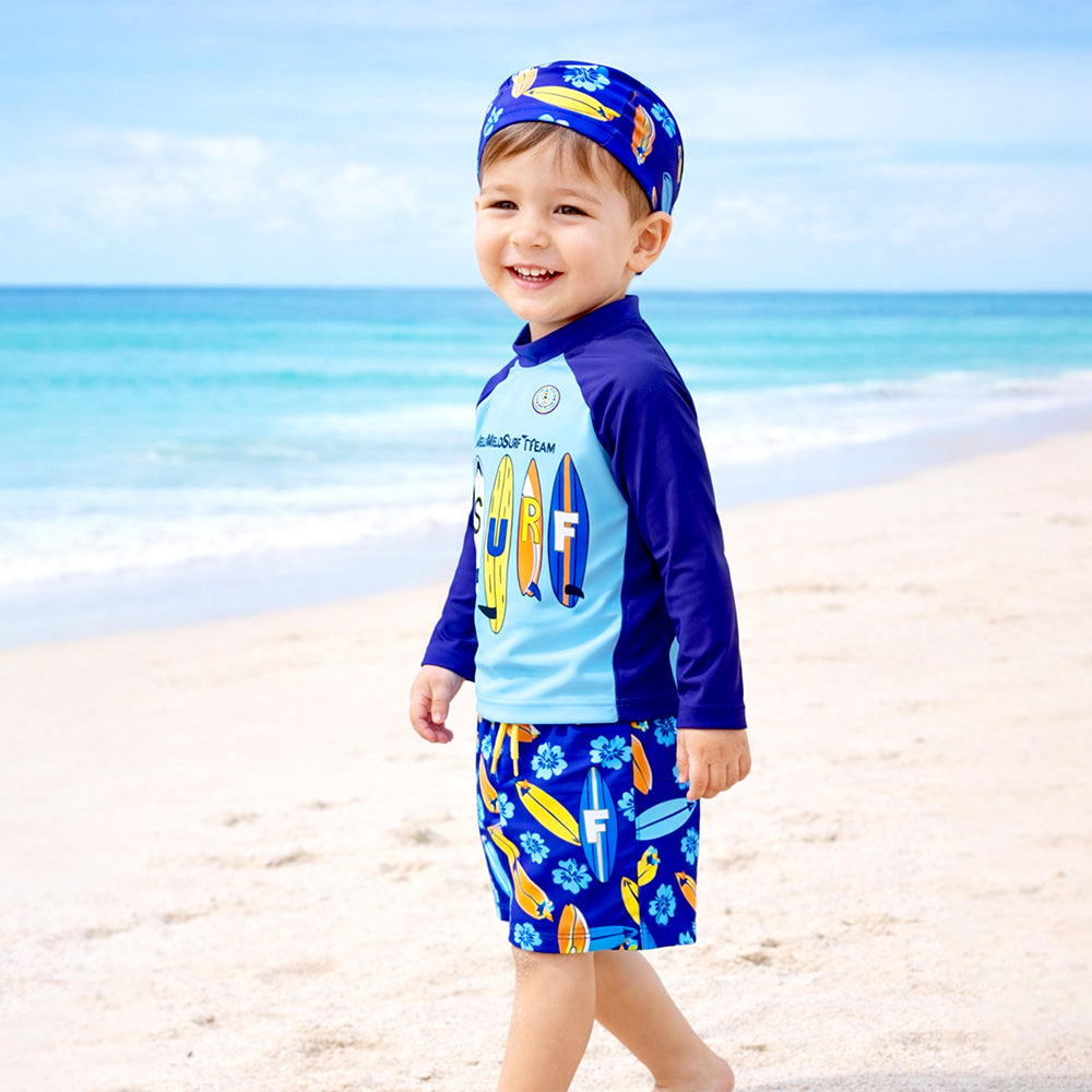2 Pcs Blue Surf, T-shirt & Shorts Set, Toddlers & Kids Swimwear with matching Swim Cap, plus Free Wash Bag & Free Swim Detergent