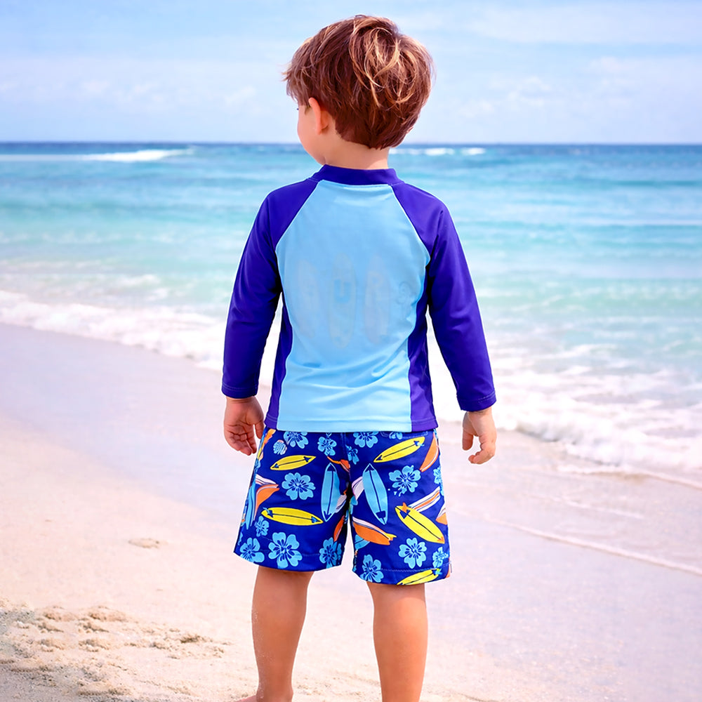 2 Pcs Blue Surf, T-shirt & Shorts Set, Toddlers & Kids Swimwear with matching Swim Cap, plus Free Wash Bag & Free Swim Detergent