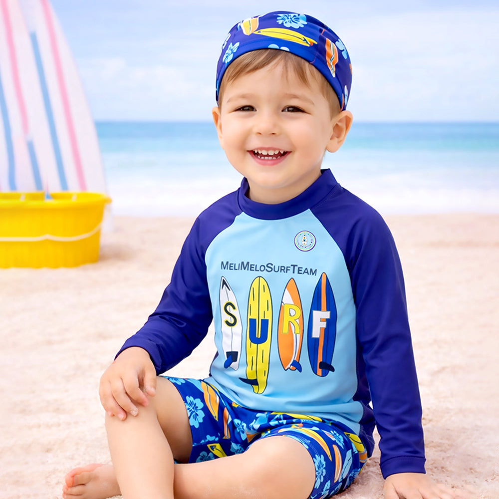 2 Pcs Blue Surf, T-shirt & Shorts Set, Toddlers & Kids Swimwear with matching Swim Cap, plus Free Wash Bag & Free Swim Detergent