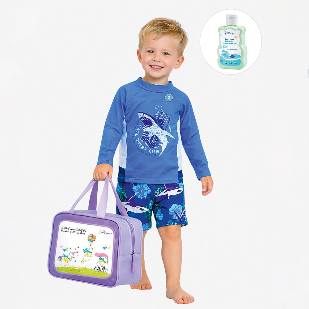 2 Pcs Cage Shark T-shirt & Shorts Set, Toddlers & Kids Swimwear with Free Wash Bag & Free Swim Detergent