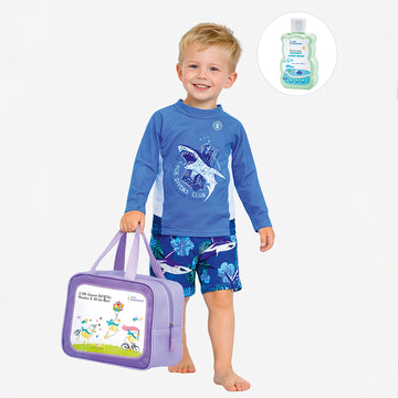 2 Pcs Cage Shark T-shirt & Shorts Set, Toddlers & Kids Swimwear with Free Wash Bag & Free Swim Detergent