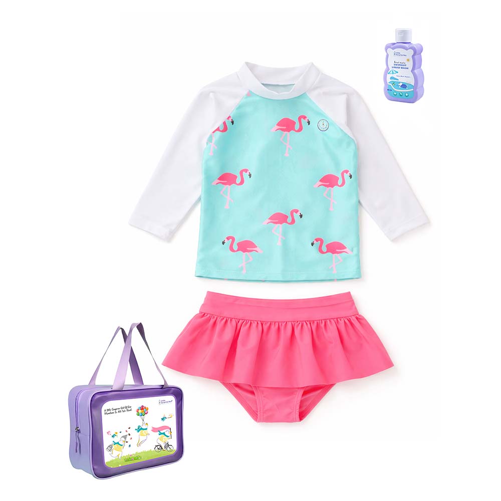 2 Pcs Pink Flamingo Top & Skort Set, Toddlers & Kids Swimwear with Free Wash Bag & Free Swim Detergent
