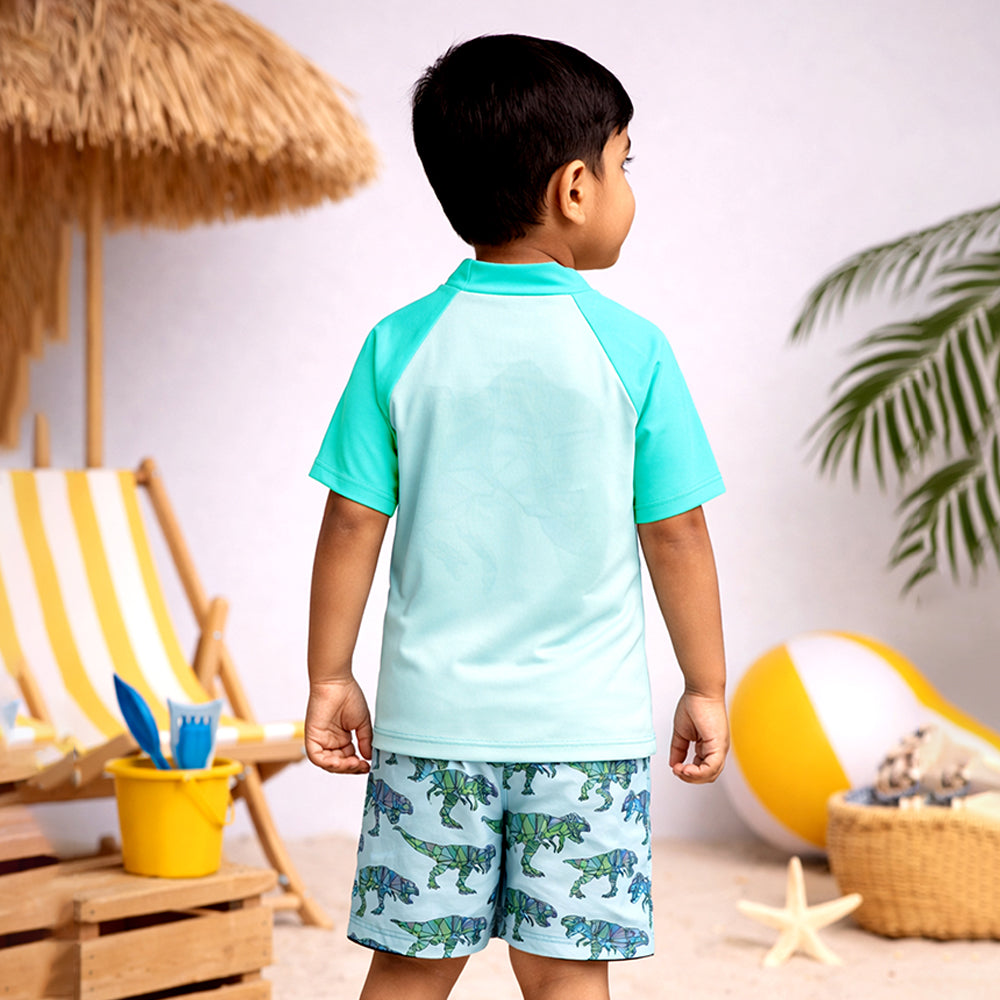 2 Pcs Geomteric Dino, T-shirt & Shorts Set, Toddlers & Kids Swimwear with matching Swim Cap, plus Free Wash Bag & Free Swim Detergent