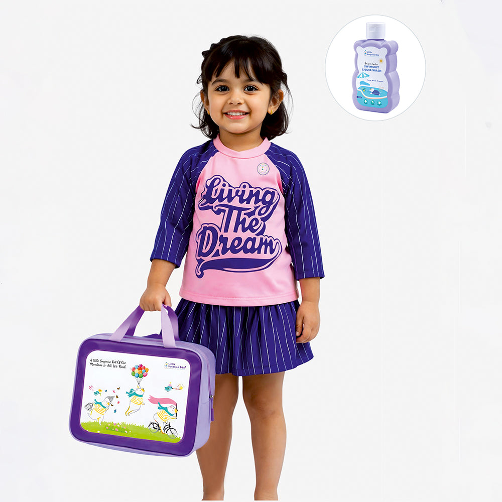 2 Pcs Live Dream , Pink & Blue Stripes Top & Skort Set, Toddlers & Kids Swimwear with Free Wash Bag & Free Swim Detergent