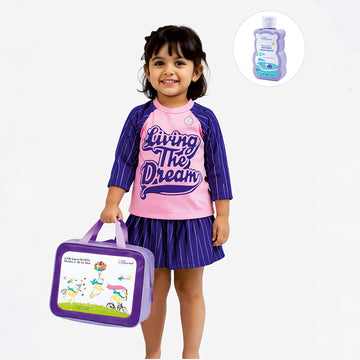 2 Pcs Live Dream , Pink & Blue Stripes Top & Skort Set, Toddlers & Kids Swimwear with Free Wash Bag & Free Swim Detergent