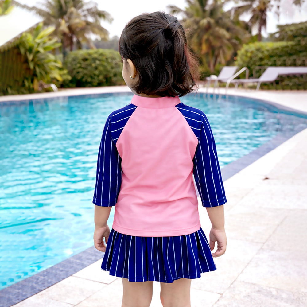 2 Pcs Live Dream , Pink & Blue Stripes Top & Skort Set, Toddlers & Kids Swimwear with Free Wash Bag & Free Swim Detergent
