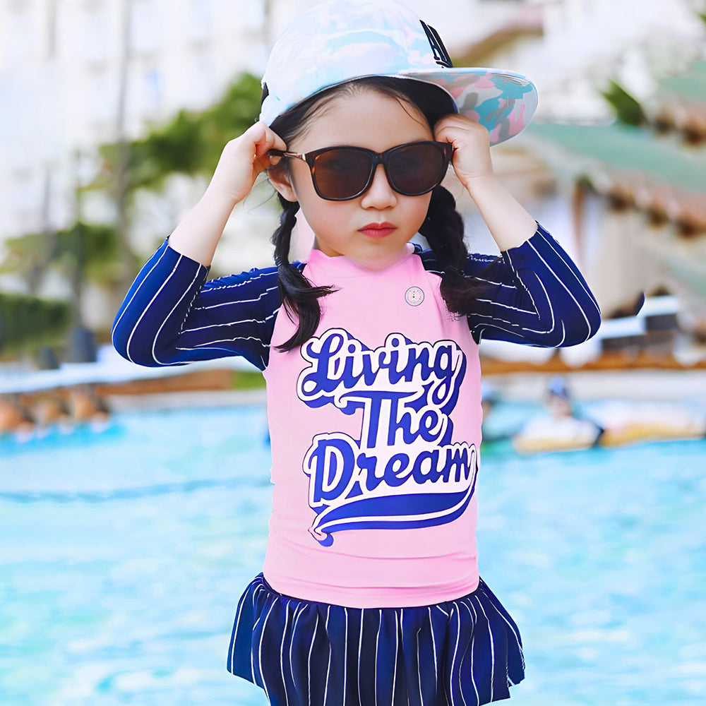 2 Pcs Live Dream , Pink & Blue Stripes Top & Skort Set, Toddlers & Kids Swimwear with Free Wash Bag & Free Swim Detergent
