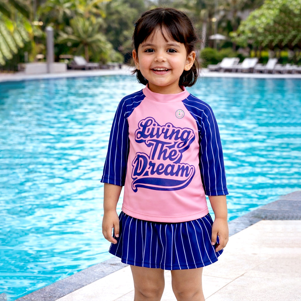 2 Pcs Live Dream , Pink & Blue Stripes Top & Skort Set, Toddlers & Kids Swimwear with Free Wash Bag & Free Swim Detergent
