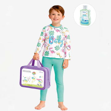 2 Pcs Mint Green Dino Top & Leggings Set, Kids Swimwear with Free Wash Bag & Free Swim Detergent