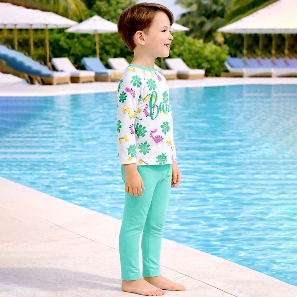 2 Pcs Mint Green Dino Top & Leggings Set, Kids Swimwear with Free Wash Bag & Free Swim Detergent