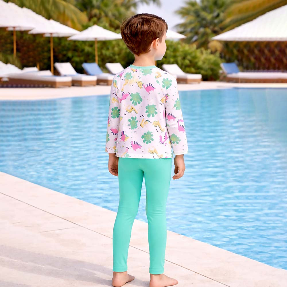 2 Pcs Mint Green Dino Top & Leggings Set, Kids Swimwear with Free Wash Bag & Free Swim Detergent