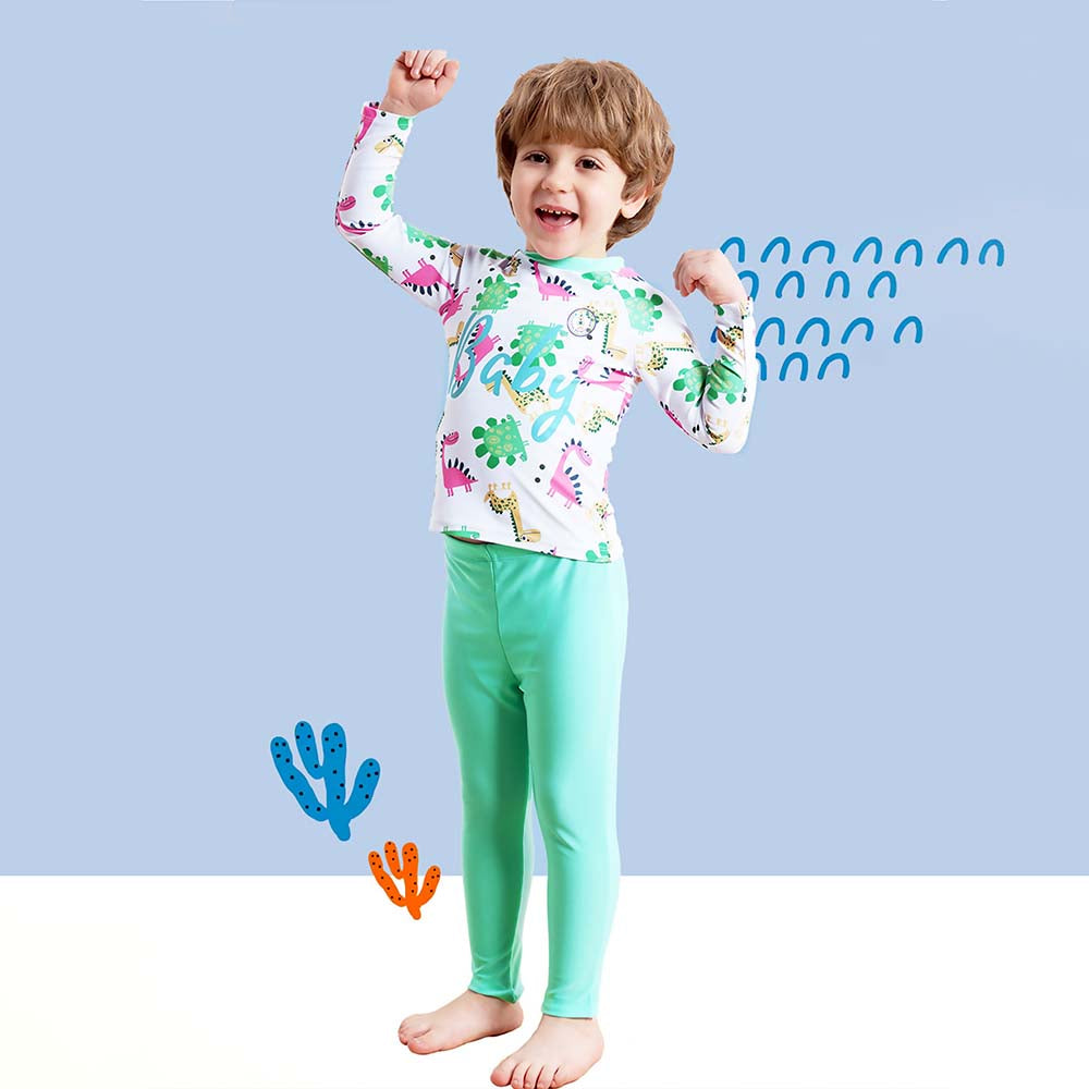 2 Pcs Mint Green Dino Top & Leggings Set, Kids Swimwear with Free Wash Bag & Free Swim Detergent