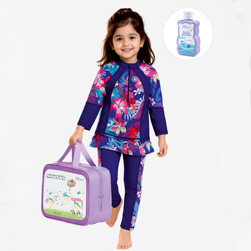 2 Pcs Navy Skirted Leggings & Floral Top Set, Kids Swimwear with Free Wash Bag & Free Swim Detergent