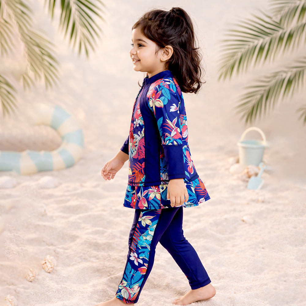 2 Pcs Navy Skirted Leggings & Floral Top Set, Kids Swimwear with Free Wash Bag & Free Swim Detergent