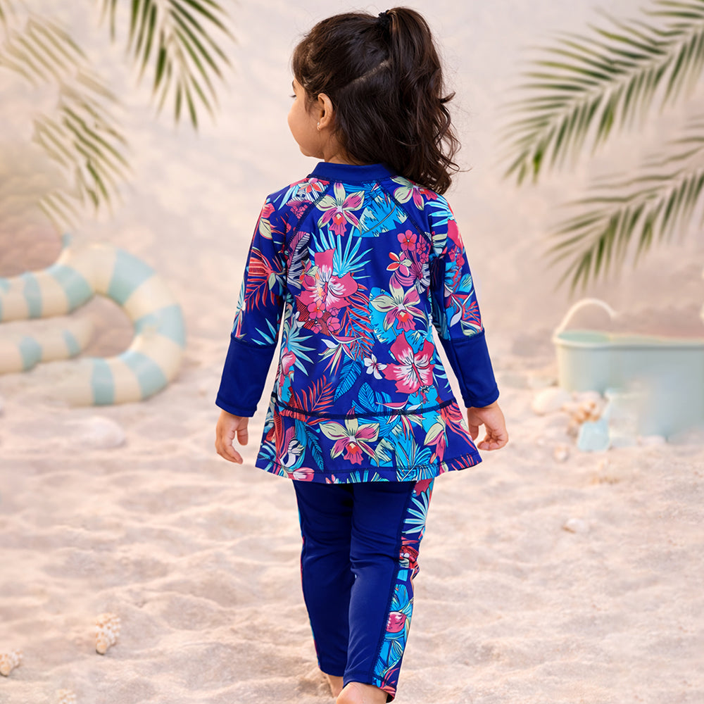 2 Pcs Navy Skirted Leggings & Floral Top Set, Kids Swimwear with Free Wash Bag & Free Swim Detergent