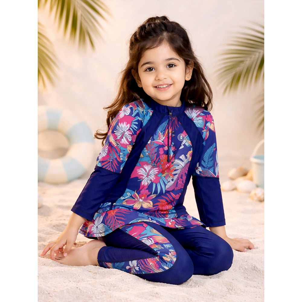 2 Pcs Navy Skirted Leggings & Floral Top Set, Kids Swimwear with Free Wash Bag & Free Swim Detergent