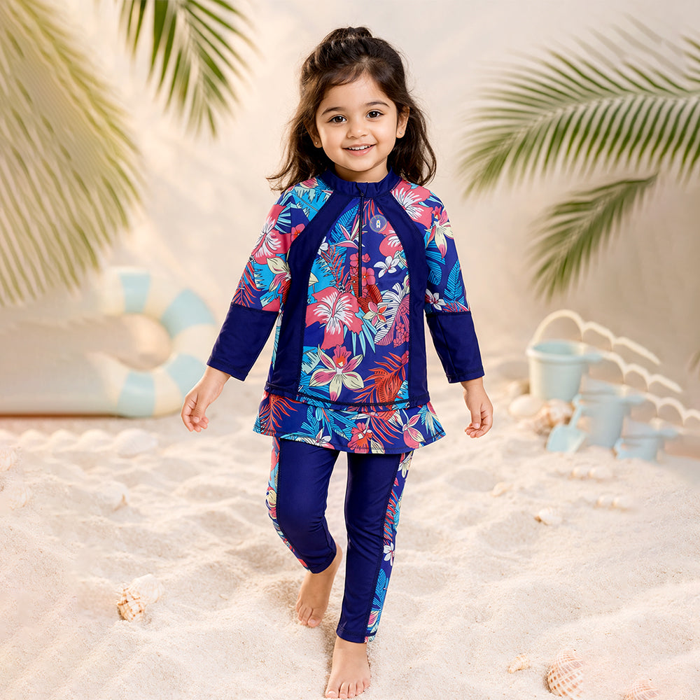 2 Pcs Navy Skirted Leggings & Floral Top Set, Kids Swimwear with Free Wash Bag & Free Swim Detergent