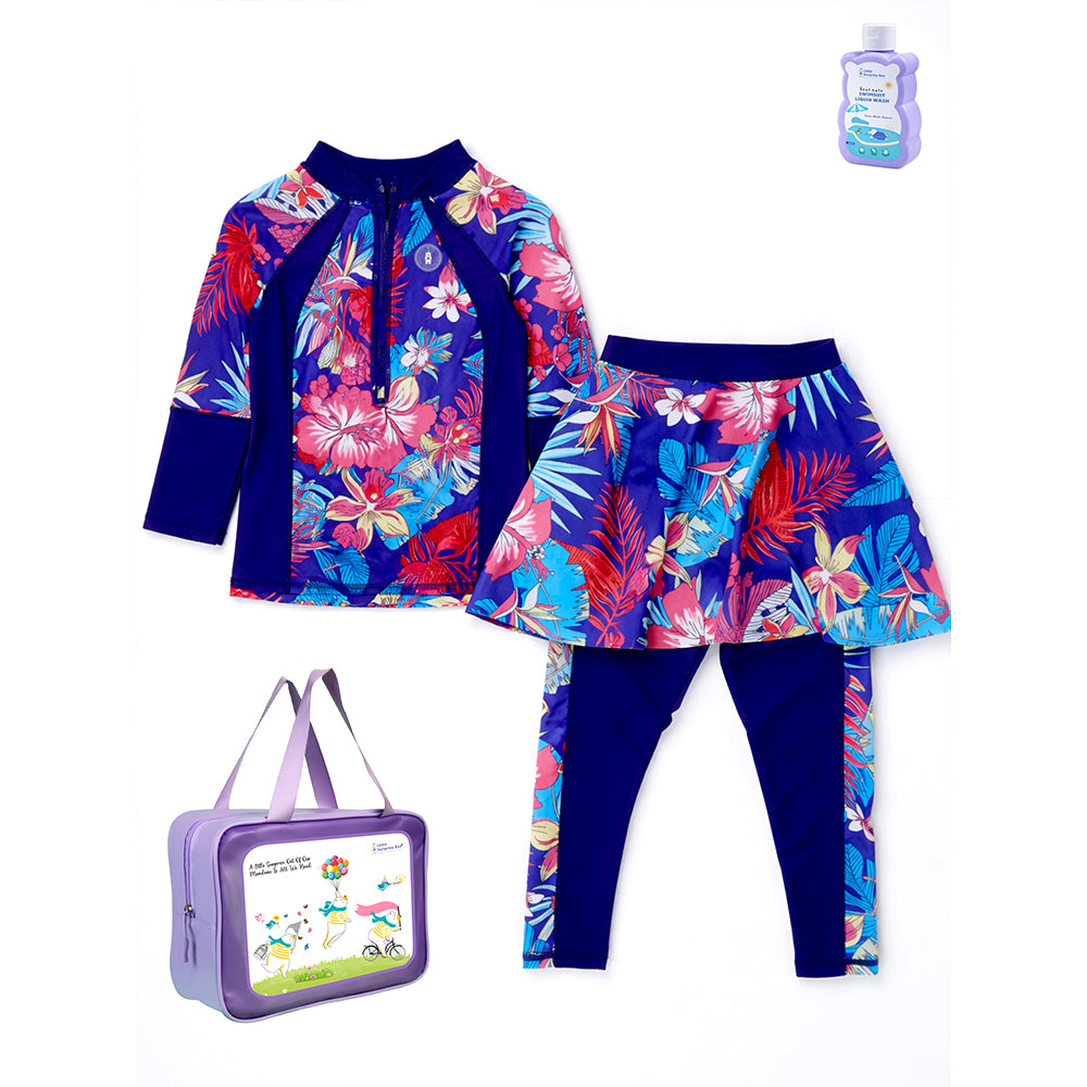 2 Pcs Navy Skirted Leggings & Floral Top Set, Kids Swimwear with Free Wash Bag & Free Swim Detergent
