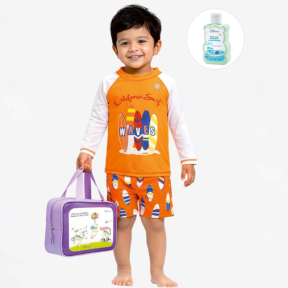 2 Pcs Orange Surfboard T-shirt & Shorts Set, Toddlers & Kids Swimwear with Free Wash Bag & Free Swim Detergent