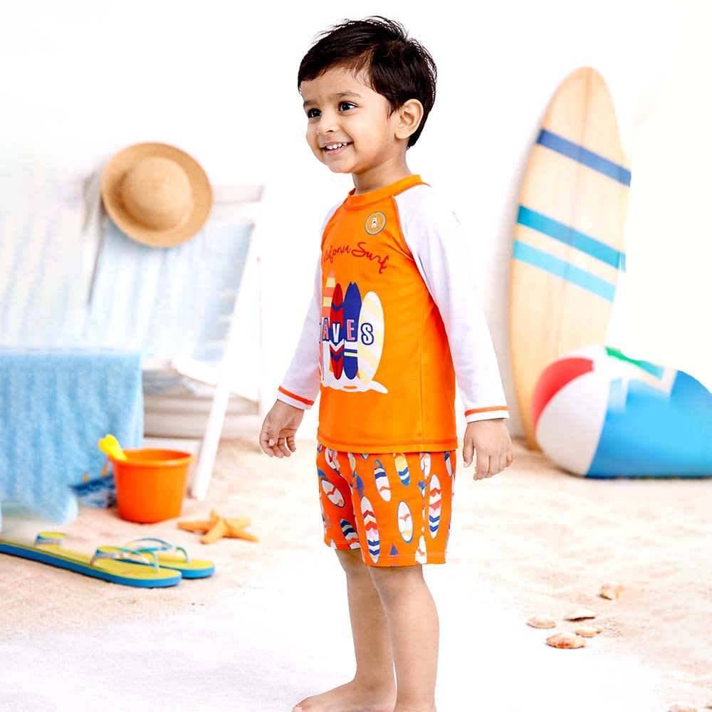 2 Pcs Orange Surfboard T-shirt & Shorts Set, Toddlers & Kids Swimwear with Free Wash Bag & Free Swim Detergent